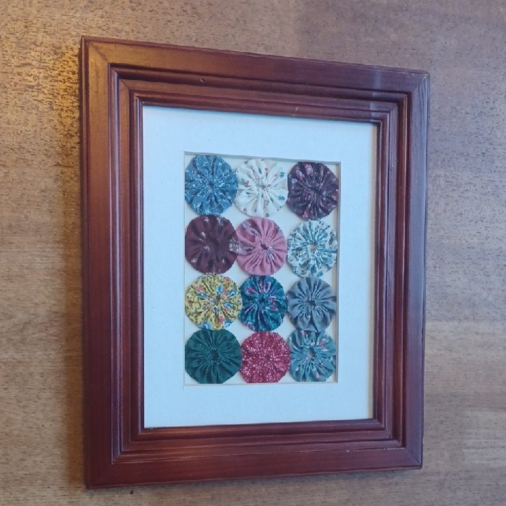Multicolor Framed Textile Art YO-YO Quilt Design Framed Art 13x11 Inches